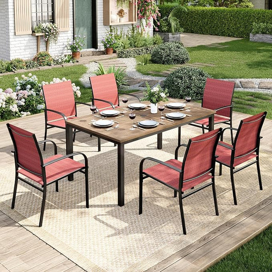MIXPATIO 7 Pieces Patio Table and Chairs Set, Patio Dining Set for 6, 6 Textilene Chairs and 1 Wood-Like Rectangle Steel Table with Umbrella Hole, for Deck Backyard Lawn Poolside, Red