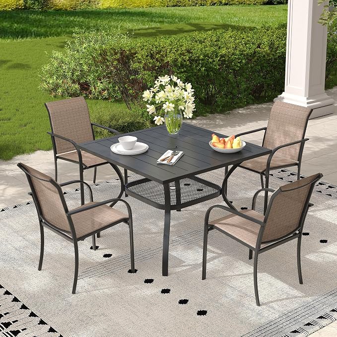 5 Pieces Outdoor Dining Set, Stackable Textilene Paito Chairs & 37.8" Square Dining Table with Umbrella Hole and Shelf, Patio Dining Set for Backyard, Deck, Garden, Brown & Black