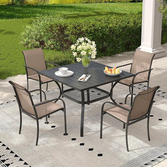 5 Pieces Outdoor Dining Set, Stackable Textilene Paito Chairs & 37.8" Square Dining Table with Umbrella Hole and Shelf, Patio Dining Set for Backyard, Deck, Garden, Brown & Black