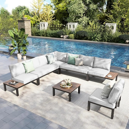 PHI VILLA 7 Pieces Outdoor Patio Furniture Set,Metal Frame Modern Outdoor Sectional Sofa Set,8 Seats Patio Conversation Sets with Coffee Table&Thickened Cushion,for Poolside and Backyard,Light Grey