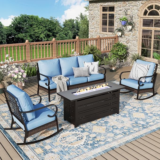 MIXPATIO Patio Furniture Set with Fire Pit Table, 4 PCS Metal Outdoor Conversation Set with 5.75'' Extra Thick Cushion, 2 Rocking Chairs, 3-Seat Sofa and Gas Fire Pit Table, Blue