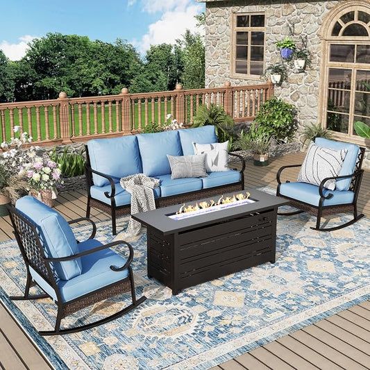 MIXPATIO Patio Furniture Set with Fire Pit Table, 4 PCS Metal Outdoor Conversation Set with 5.75'' Extra Thick Cushion, 2 Rocking Chairs, 3-Seat Sofa and Gas Fire Pit Table, Blue