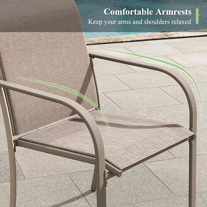 11 Pieces Outdoor Dining Set, Stackable Textilene Paito Chairs & 63" Round Dining Table with Umbrella Hole, Patio Dining Set for Backyard, Deck, Garden, Sandshell