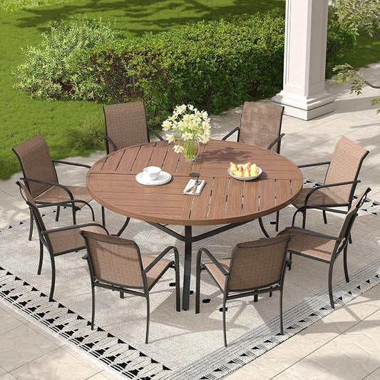 Patio Table and Chairs Sets for 8, Outdoor Dining Set with 8 Stackable Dining Chairs and 54" x 54" Round Thick Slatted Table for Backyard, Deck, Lawn, Garden, Brown & Walnut