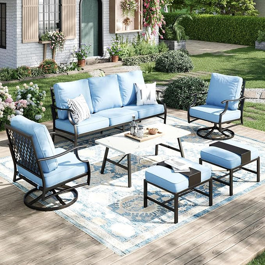 MIXPATIO Patio Furniture Set 6 pcs, Outdoor Patio Furniture, 3-Seat Sofa, 2 Swivel Chairs, 2 Ottomans, Coffee Table and 5.75" Extra Thick Cushion, Patio Conversation Set for Garden Backyard Deck,Blue