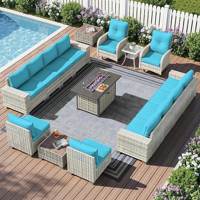 16-Piece Outdoor Patio Furniture Set with Rocking Swivel Chair, PE Wicker Rattan Sectional Sofa Patio Conversation Set with 55,000 BTU Fire Pit Table & Coffee Table, Turquoise