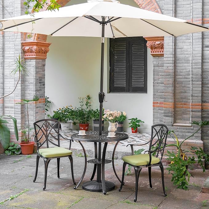 NUU GARDEN 31" Round Patio Bistro Table, Cast Aluminum Round Outdoor Bistro Table with Umbrella Hole for Poolside, Deck, Porch, Backyard, Balcony, Black with Gold-Painted Edge