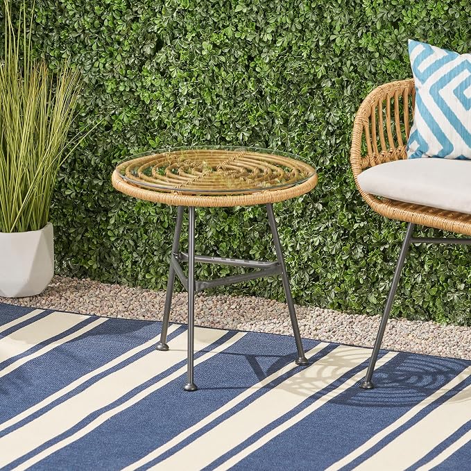 Rattan Outdoor Side Table with Tempered Glass Tabletop, Weather-Resistant Patio End Table, Stable Steel Frame for Balcony, Porch, Deck, Natural