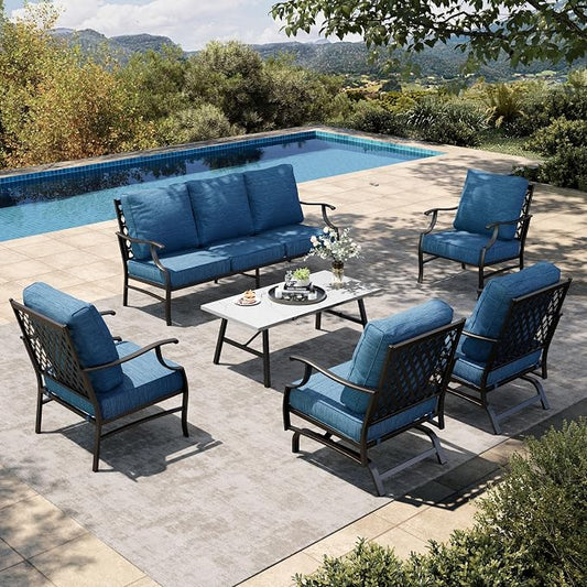 HERA'S HOUSE 6 Piece Patio Furniture Set, 2 x Rocking Chair, 2 x Fixed Chair, 1 x 3-Seat Sofa with Marbling Coffee Table, 7 Seats Outdoor Conversation Set for Lawn Garden Backyard, Pacific Blue