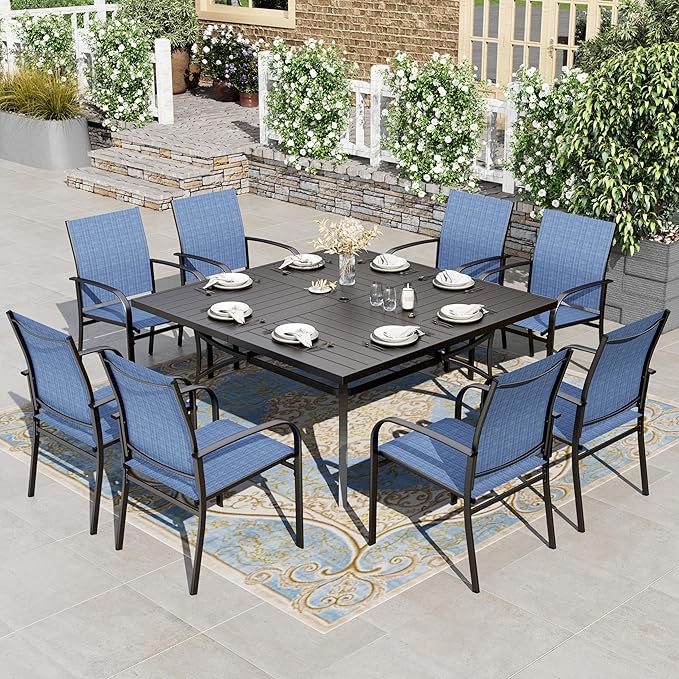 HERA'S HOUSE 9pc Outdoor Patio Dining Set for 8, Textilene Chairs, Blue | 57.5" Square Metal Table with umbrella hole. Waterproof, rust-resistant, all-weather for backyard, porch