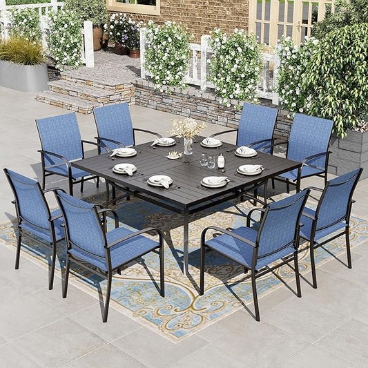 HERA'S HOUSE 9pc Outdoor Patio Dining Set for 8, Textilene Chairs, Blue | 57.5" Square Metal Table with umbrella hole. Waterproof, rust-resistant, all-weather for backyard, porch