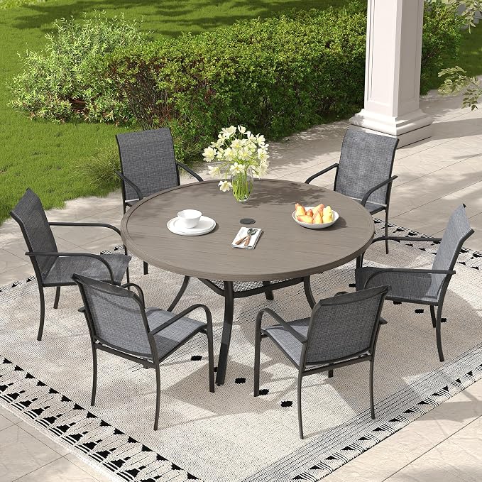 7 Pieces Outdoor Dining Set, Stackable Textilene Paito Chairs & 47.2" Round Dining Table with Umbrella Hole and Shelf, Patio Dining Set for Backyard, Deck, Garden, Grey
