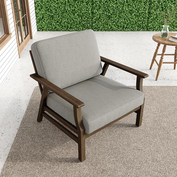 3 Piece Wood Patio Chair Outdoor Bistro Set, Outdoor Armchair All Weather Patio Sofa Furniture Backyard Conversation Sets with Wooden Side Table, Light Camel