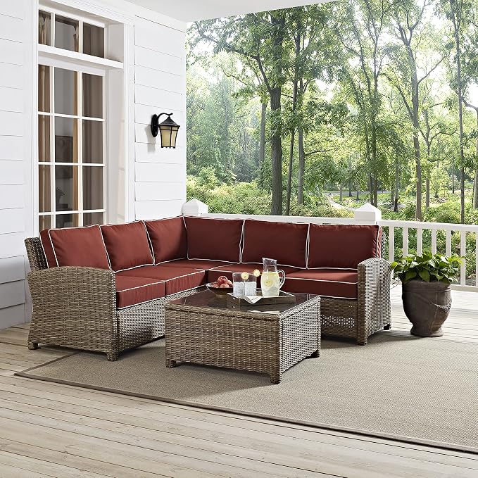 Crosley Furniture Bradenton 4-Piece Outdoor Sectional Sofa Wicker Conversation Patio Furniture Set for Deck, Brown with Sangria Cushions