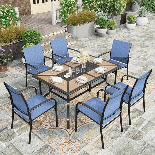 HERA'S HOUSE 7pc Patio Dining Set, Metal Table with PVC Top, Blue Chairs | 61" rectangular table with umbrella hole, 6 textilene chairs. Waterproof, rust-resistant, all-weather for yard, porch