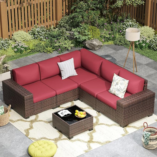 Outdoor Patio Furniture Set, 8'' Wide armrest Outdoor Sectional Rattan Sofa Set, Wicker Patio Furniture Sets w/Coffee Table,Thick Cushions and Cover for Porch, Balcony,Deck 6 PCS(Brown&Wine)