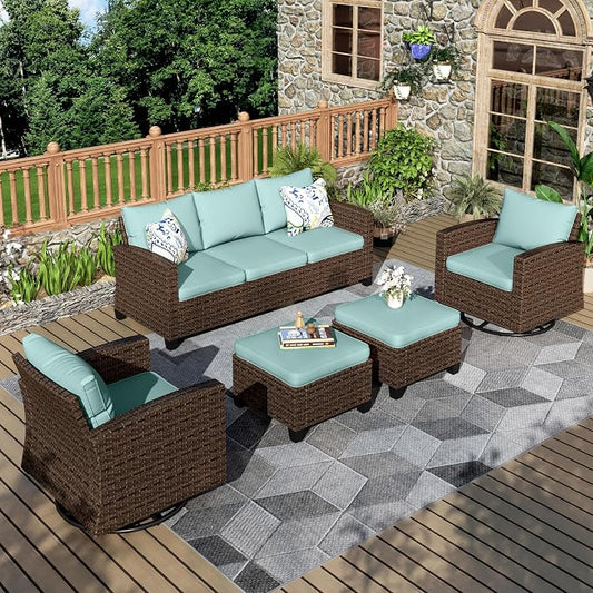 MIXPATIO Swivel Glider Patio Furniture Set, 5 Pcs Wicker Outdoor Conversation Set, 2 x Swivel Chairs, 1 x 3 Seater Sofa and 2 x Ottoman, Blue