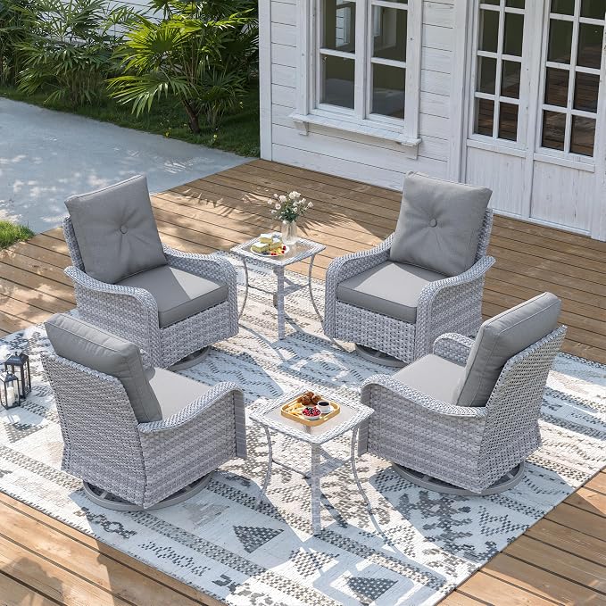 6 Piece Wicker Patio Furniture Set, Swivel Rocking Chairs with 4''Cushions, PE Rattan, Rust Resistant Frame, Double Layer Glass Side Table, for Backyard, Deck or Balcony, Grey