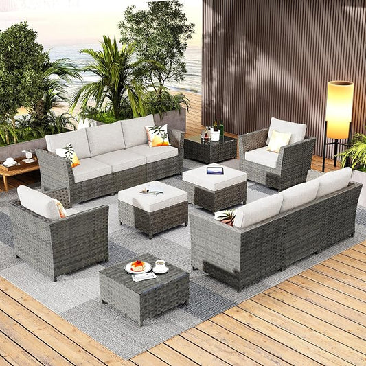 CAODOC 12 Pieces Outdoor Furniture Patio Sectional Sofa Couch Gray PE Wicker Conversation Sets with Ottomans Glass Coffee Table for Garden Poolside Backyard