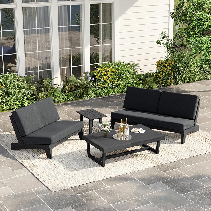 3 Piece Teak Outdoor Patio Frutnire Set, 5 Seater Patio Conversation Sets with Thick Cushions, Outdoor Sectional Furniture with Coffee Table - Dark Gray