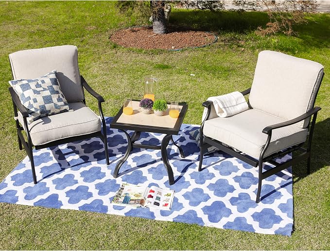 LOKATSE HOME 3 Piece Outdoor Furniture Set with 2 Patio Bistro Conversation Chairs and 21 inch Square Dining Table, Beige