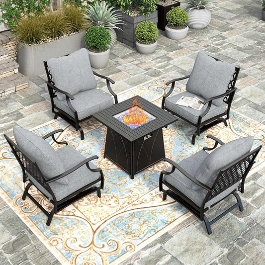 HERA'S HOUSE 5 Pcs Patio Furniture Set with Fire Pit Table, 4 x Thick Cushioned Rocking Chairs, 1 x 28 Fire Pit Table (50,000 BTU), All Weather Outdoor Conversation Set for Garden Backyard Lawn Grey