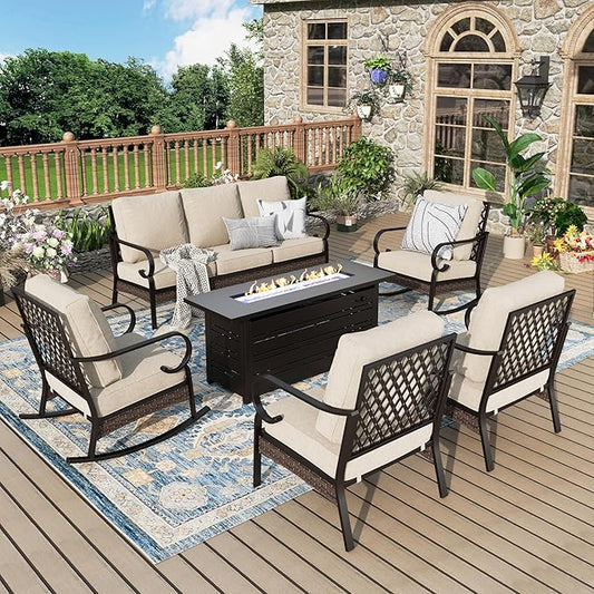 MIXPATIO Patio Furniture Set with Fire Pit Table, Metal Outdoor Conversation Set with 5.75'' Extra Thick Cushion, 2 Rocking Chairs, 2 Leg Chairs, 3-Seat Sofa and Gas Fire Pit Table, Beige