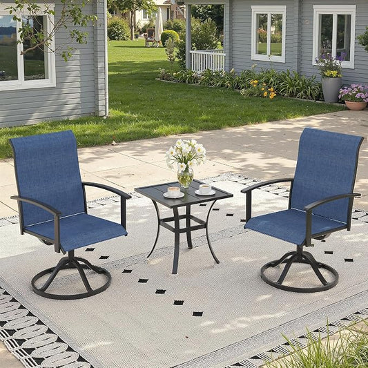 3 Pieces Small Patio Dining Set, Outdoor Furniture of 18.1" Square Patio Side Table & Patio Swivel Chairs for Backyard Lawn Garden, Black Table and Dark Blue Chairs