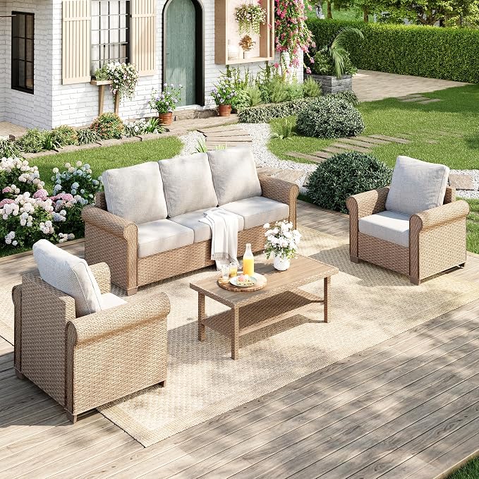 MIXPATIO Patio Furniture Set 4 pcs, Wicker Outdoor Patio Furniture, 3-Seat Sofa, 2 Single Chairs and Coffee Table, Rattan Patio Conversation Set for Backyard Deck, Beige
