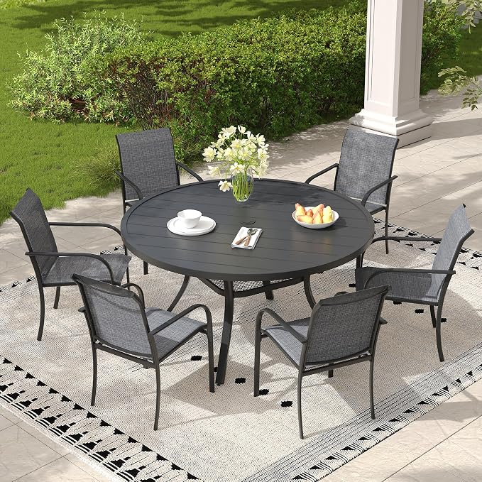 7 Pieces Outdoor Dining Set, Stackable Textilene Patio Chairs & 47.2" Round Dining Table with Umbrella Hole and Shelf, Patio Dining Set for Backyard, Deck, Garden, Grey & Black