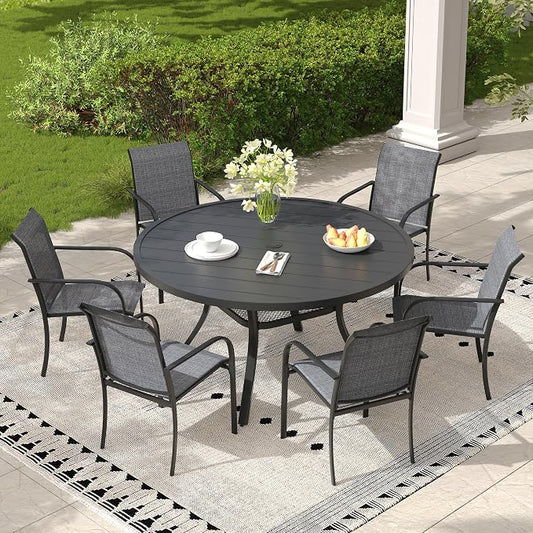 7 Pieces Outdoor Dining Set, Stackable Textilene Patio Chairs & 47.2" Round Dining Table with Umbrella Hole and Shelf, Patio Dining Set for Backyard, Deck, Garden, Grey & Black