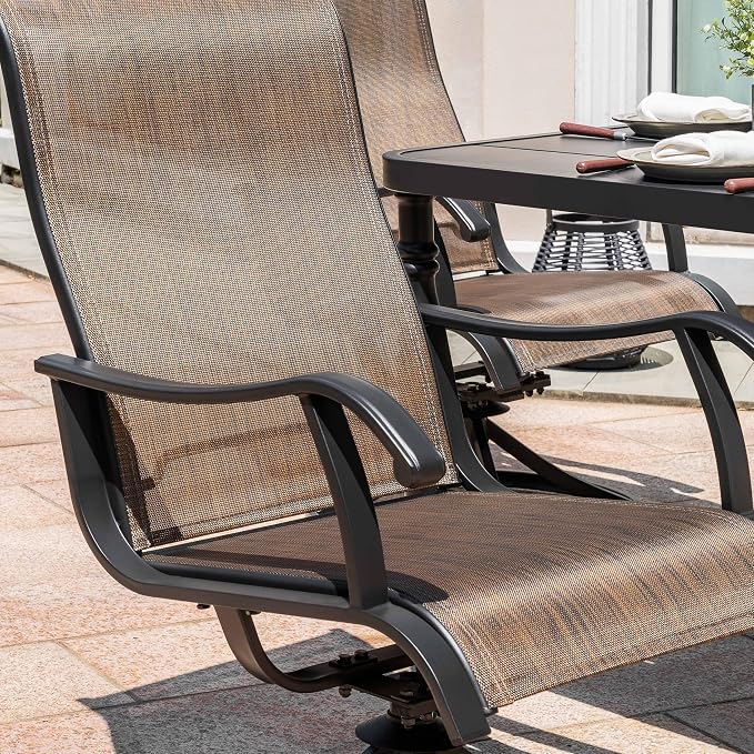 NUU GARDEN 5-Piece Outdoor Dining Set with 37 Inch Metal Table with Umbrella Hole and 4 Patio Swivel Rocking Textilene Chairs All-Weather Furniture for Porch Backyard Garden Poolside Deck Black Brown
