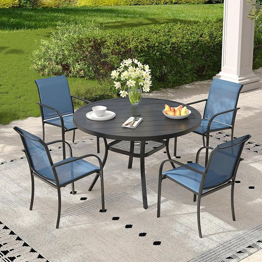 5 Pieces Outdoor Dining Set, Stackable Textilene Paito Chairs & 40.6" Round Dining Table with Umbrella Hole and Shelf, Patio Dining Set for Backyard, Deck, Garden, Dark Blue & Black