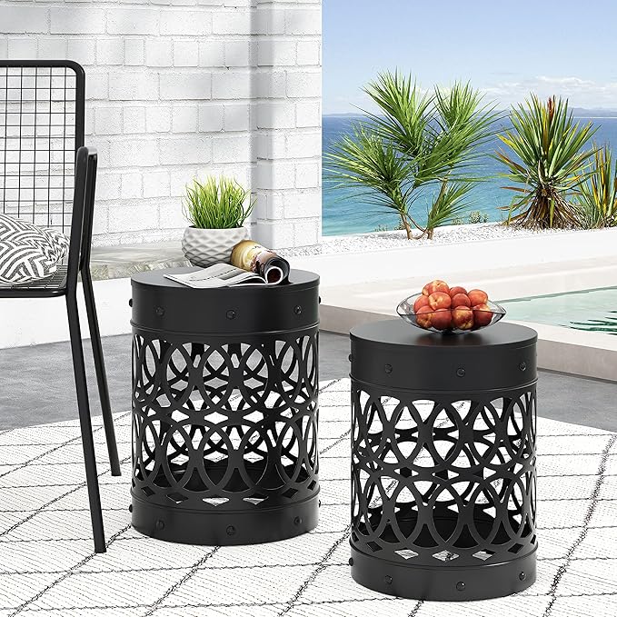 Set of 2 Metal Outdoor Side Tables, Black Round Patio End Tables, Weather Resistant Accent Stools, Hollow Geometric Cutout Design, Indoor & Outdoor Decorative Tables for Garden, Balcony, Living Room