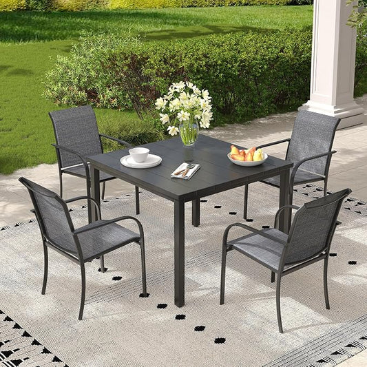 Patio Table and Chairs Set for 4, Outdoor Dining Set with 4 Stackable Dining Chairs and 40.2" x 40.2" Patio Square Dining Table for Backyard, Deck, Lawn, Garden, Grey & Black