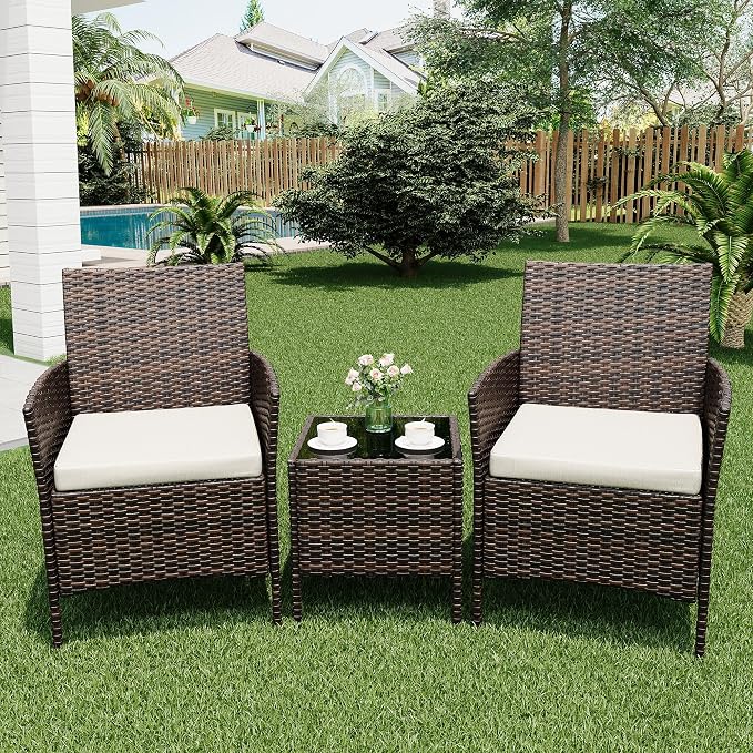 GarveeLife 3-Piece Patio Furniture Set, Rattan Outdoor Furniture with 2 Chairs & Coffee Table, Modern Outdoor Seating Conversation Bistro Set for Garden Backyard Porch (Brown and Beige)