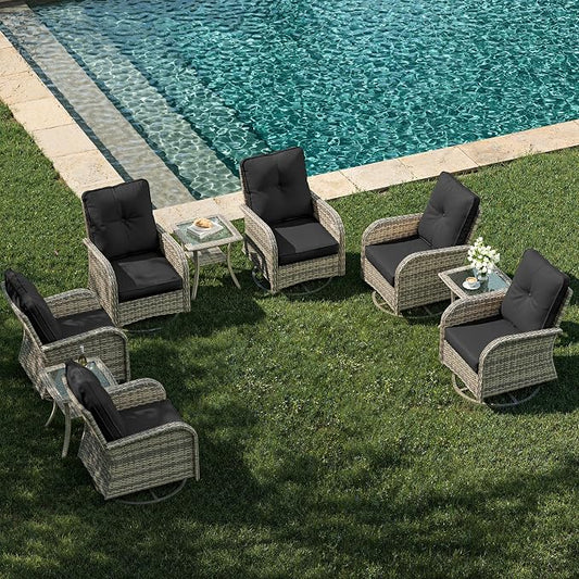9-Piece Patio Rocking Swivel Chair Outdoor Wicker Rattan Bistro Set with Tempered Glass Side Table, Outdoor Patio Furniture Set for Garden, Deck, and Balcony, Dark Grey