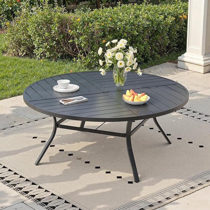 60" Outdoor Dining Table with Adjustable Umbrella Hole, Metal Slatted Round Patio Dining Table for Backyard Garden Deck, Black