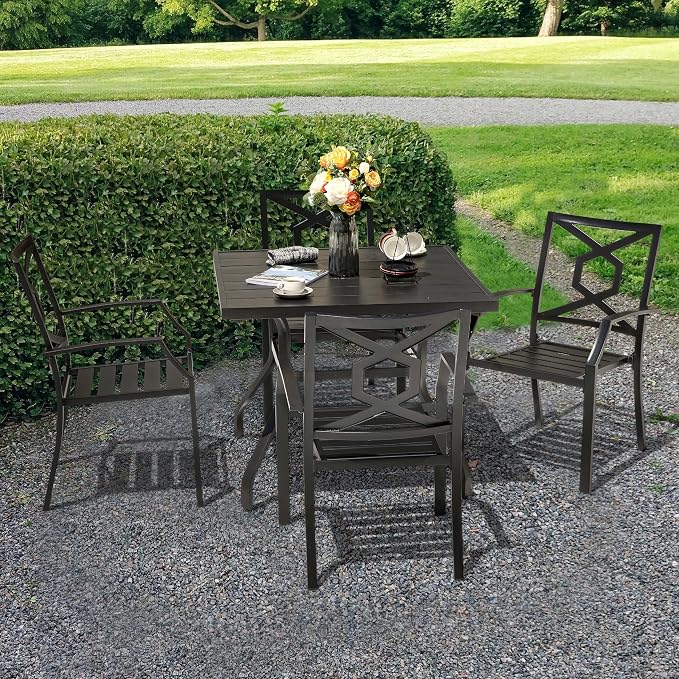 NUU GARDEN 5-Piece Outdoor Dining Set, Square Patio Table with Umbrella Hole and 4 Iron Dining Chairs, All-Weather Furniture for Garden Backyard Balcony, Black