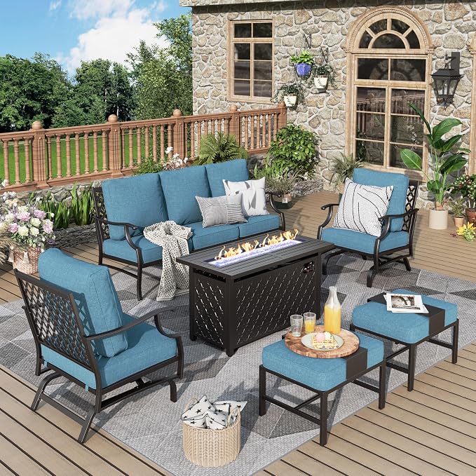 MIXPATIO Patio Furniture Set, 6 Pcs Metal Outdoor Conversation Set, 2 Rocker Chairs, 2 Ottomans and 3 Seater Sofa with 5.75" Extra Thick Cushion and Gas Fire Pit Table, Navy Blue