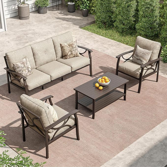 RoyalCraft Outdoor Patio Furniture Set, 4 Piece Patio Conversation Set with Coffee Table, Metal Furniture Set for Porch Backyard Garden, Coffee