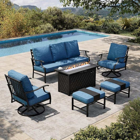 HERA'S HOUSE 6 Pieces Patio Furniture Set with Fire Pit Table, 2 x Swivel Chair, 2 x Ottoman, 3-Seat Sofa with 45" Fire Pit Table, Outdoor Conversation Set for Garden Poolside Backyard, Pacific Blue