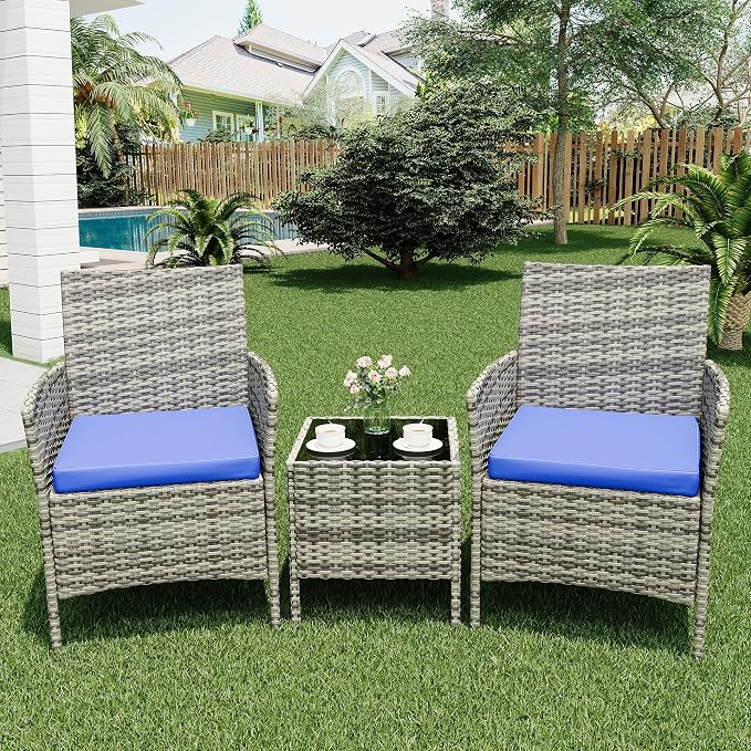 GarveeLife 3-Piece Patio Furniture Set, Rattan Outdoor Furniture with 2 Chairs & Coffee Table, Modern Outdoor Seating Conversation Bistro Set for Garden Backyard Porch (Grey and Blue)