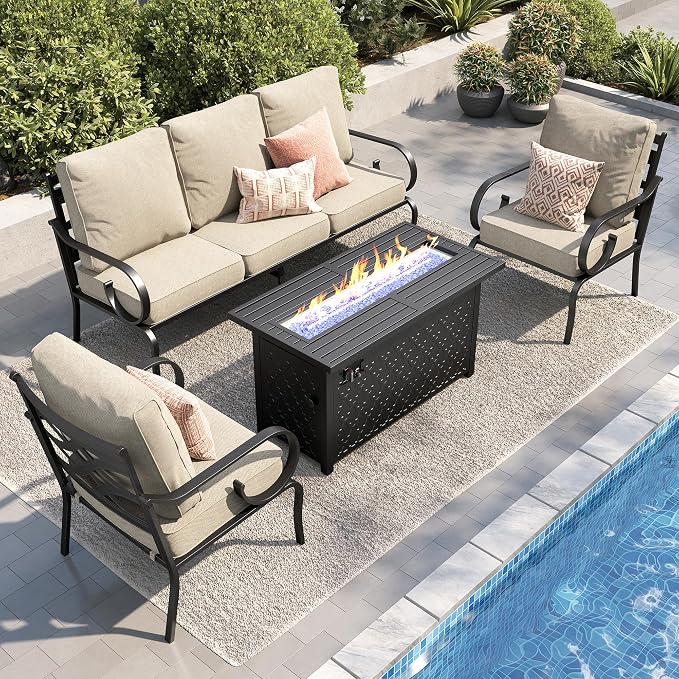 PHI VILLA Patio Furniture Set, 3-Seater Sofa, 2 Fixed Chairs and a 45" Fire Pit Table, Outdoor Metal Conversation Set with 5.75" Extra Thick Cushion for Garden Backyard Deck, Beige