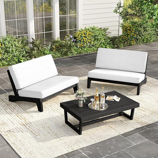 Black Wood Patio Furniture Sets, 3 Pieces All Weather Patio Loveseat Sofa Outdoor Sectional Futniture Backyard Conversation Set with Solid Wooden Coffee Table - Beige