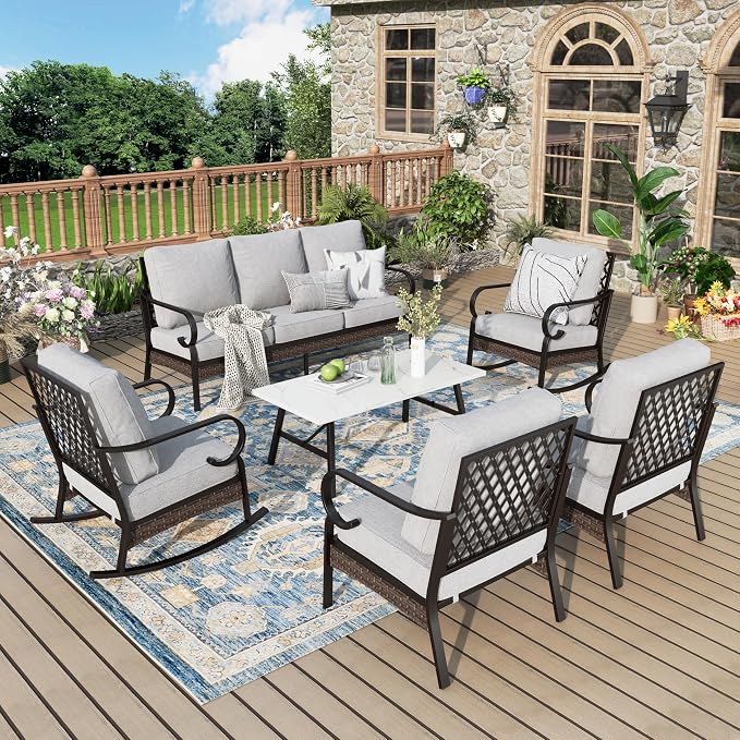 MIXPATIO Patio Furniture Set with Coffee Table, Outdoor Conversation Set with 2 x Fixed Chairs, 2 x Rocking Chairs, 1 x 3-Seat Sofa for Lawn Garden Backyard, Light Grey