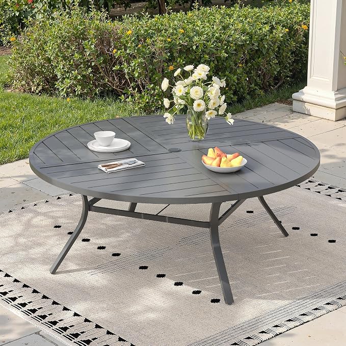 63" Outdoor Dining Table with Adjustable Umbrella Hole, Metal Slatted Round Patio Dining Table for Backyard Garden Deck, Dark Grey