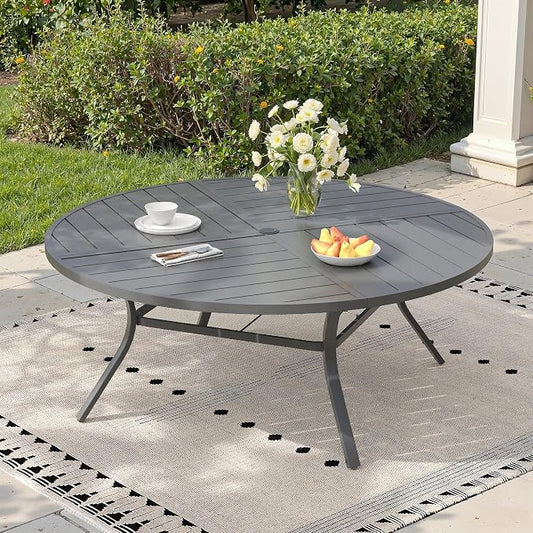 63" Outdoor Dining Table with Adjustable Umbrella Hole, Metal Slatted Round Patio Dining Table for Backyard Garden Deck, Dark Grey