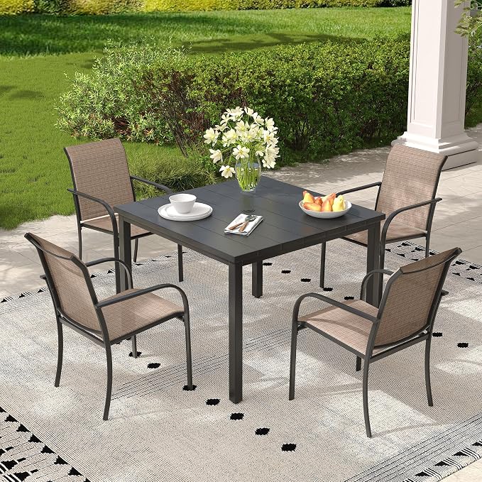 Patio Table and Chairs Set for 4, Outdoor Dining Set with 4 Stackable Dining Chairs and 40.2" x 40.2" Patio Square Dining Table for Backyard, Deck, Lawn, Garden, Brown & Black