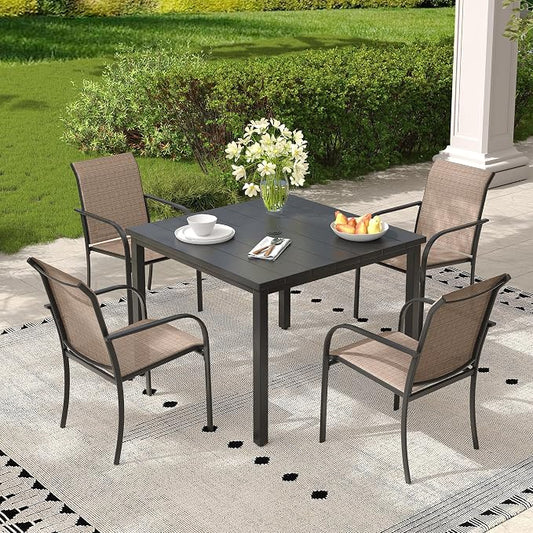 Patio Table and Chairs Set for 4, Outdoor Dining Set with 4 Stackable Dining Chairs and 40.2" x 40.2" Patio Square Dining Table for Backyard, Deck, Lawn, Garden, Brown & Black